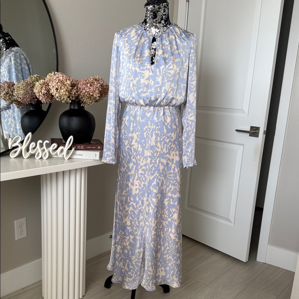 BCBGMaxAzria Light Blue and Cream Floral Long Sleeve Maxi Dress